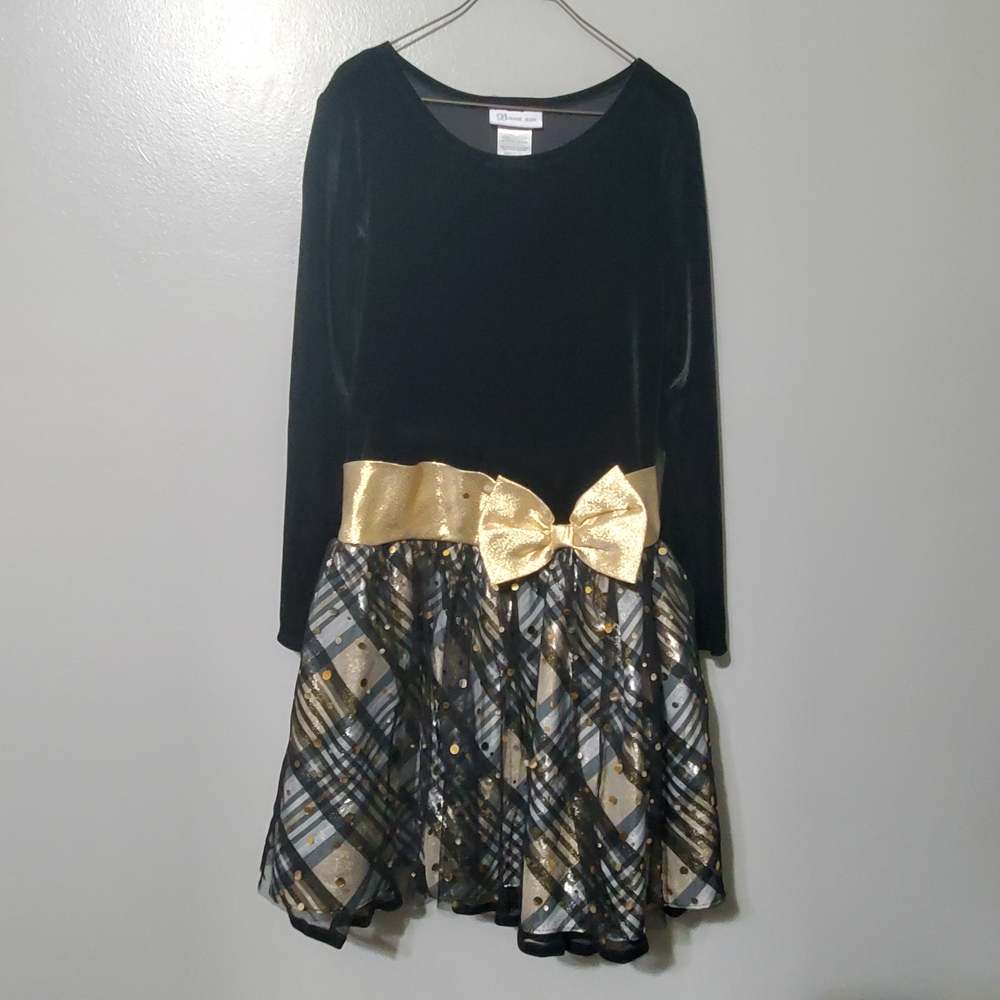 Bonnie Jean Black Velvet Dress with Gold Accent Long Sleeve Girl's Size 12